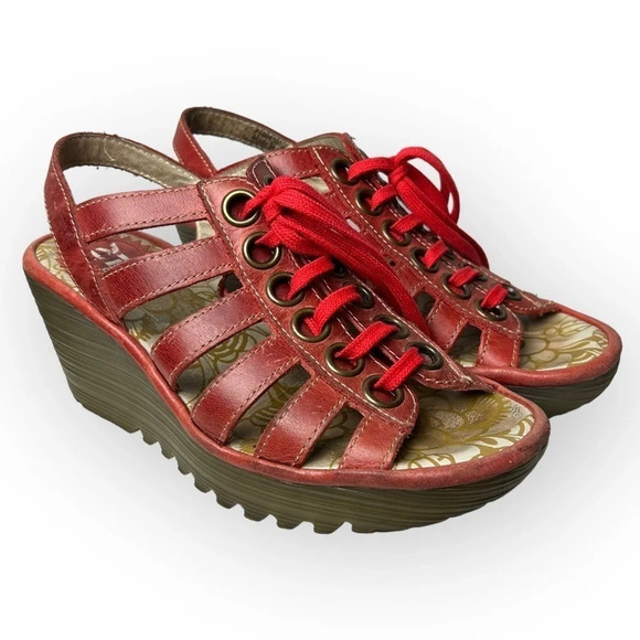 Fly  London Yito Red Lace-Up Slingback Wedge Sandals 36 - Picture 2 of 9